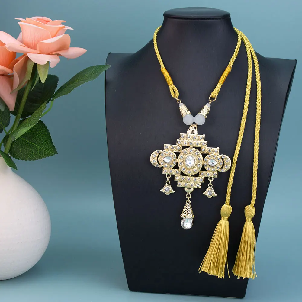 Poyasa Ethnic Women Rope Choker Necklace Tassels String Gold Color Crystal Arabic Style Pendant For Women Algeria Bridal Bijoux