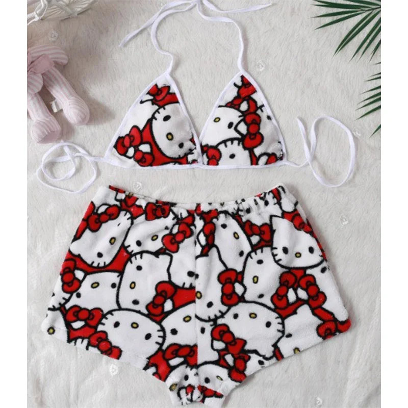 New Hello Kitty Kawaii Sexy Girls 2pcs Pajamas Suit Summer Fashion Women Plush Bra Tank Top Y2k Leopard Print Shorts Sleepwear