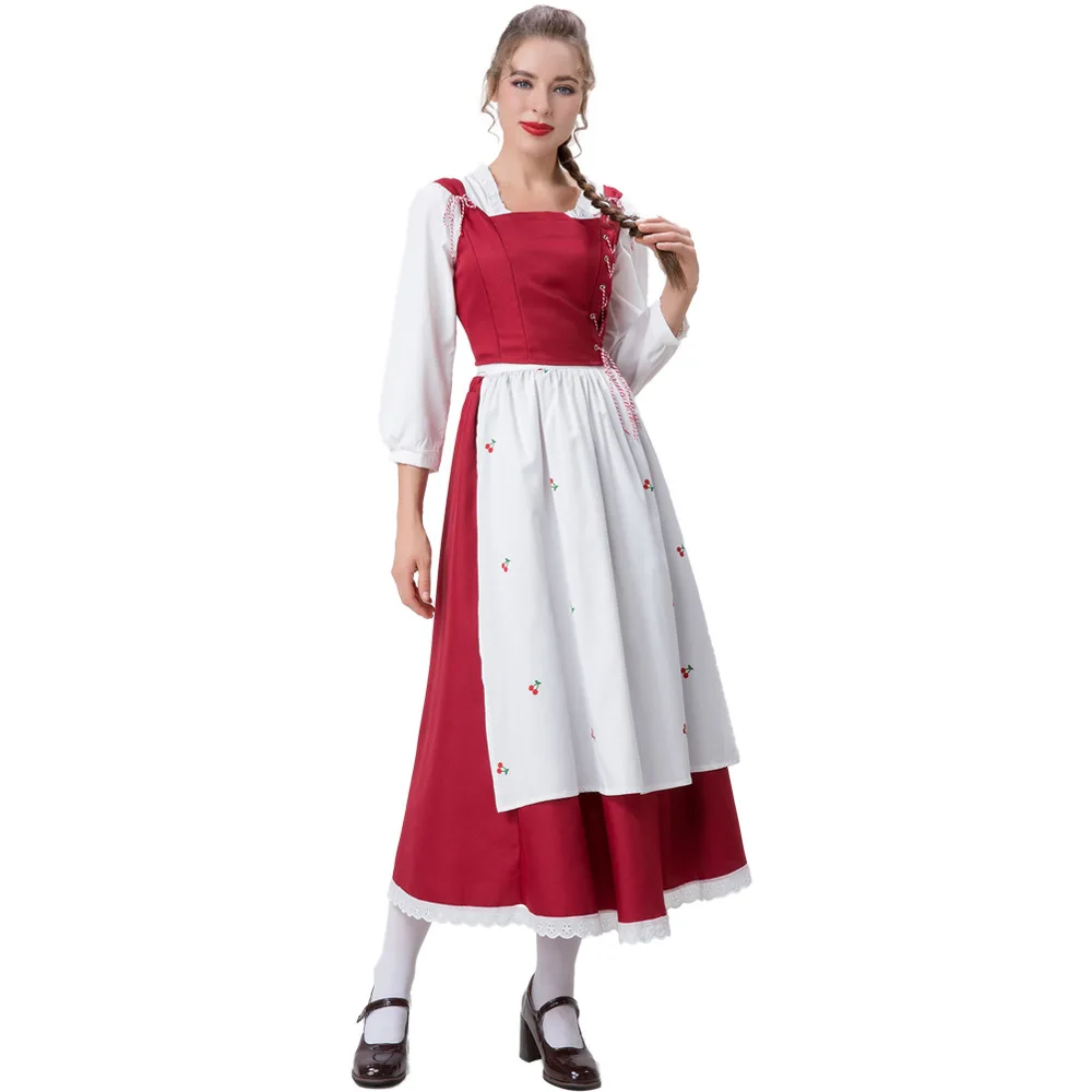 

Halloween Carnival Women's Little Red Riding Hood Flower Picking Costume Role Playing Housekeeper Maid Dress Cape Robe Suit Set