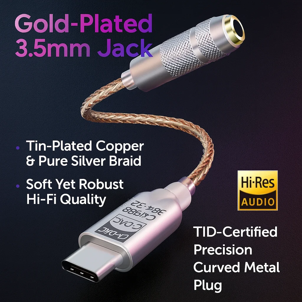Аудиокабель Hi-Fi DAC AMP Type-C |   CX31993 + чипы MAX97220 |   Металлический корпус с ЧПУ |   Позолоченный гнездовой разъем |   Чистый звук