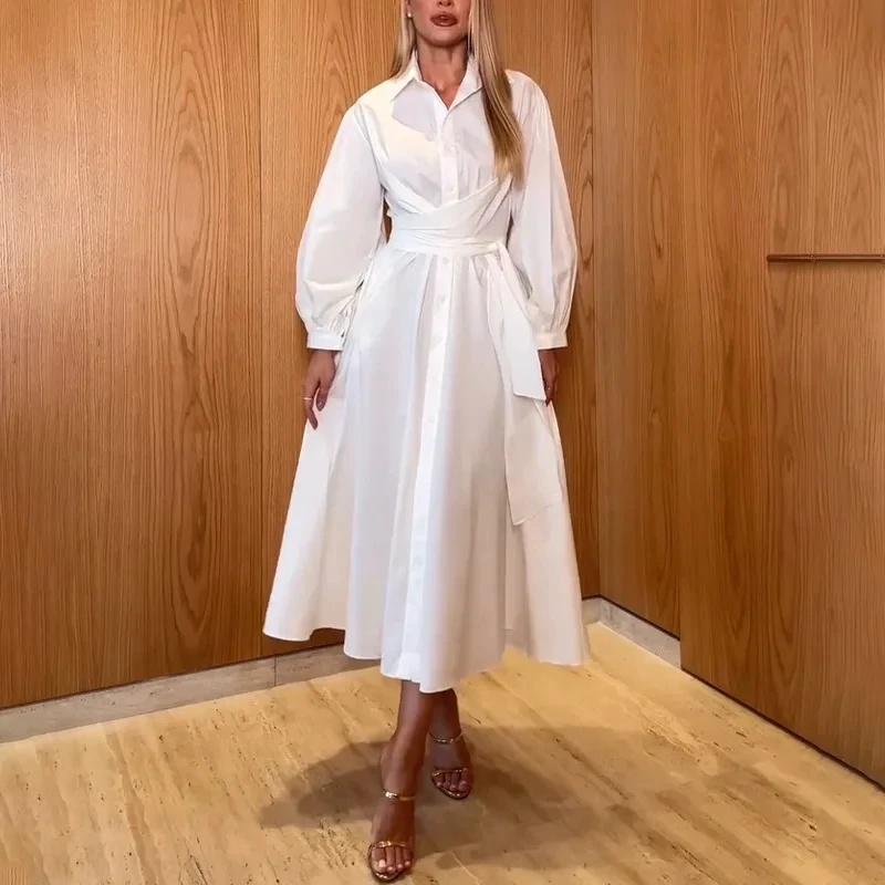 

Women Single Breasted Long Sleeve Shirts Dress Elegant Turn Down Collar Solid Color Tie-up Dress Fashion Casual Commuting Dress