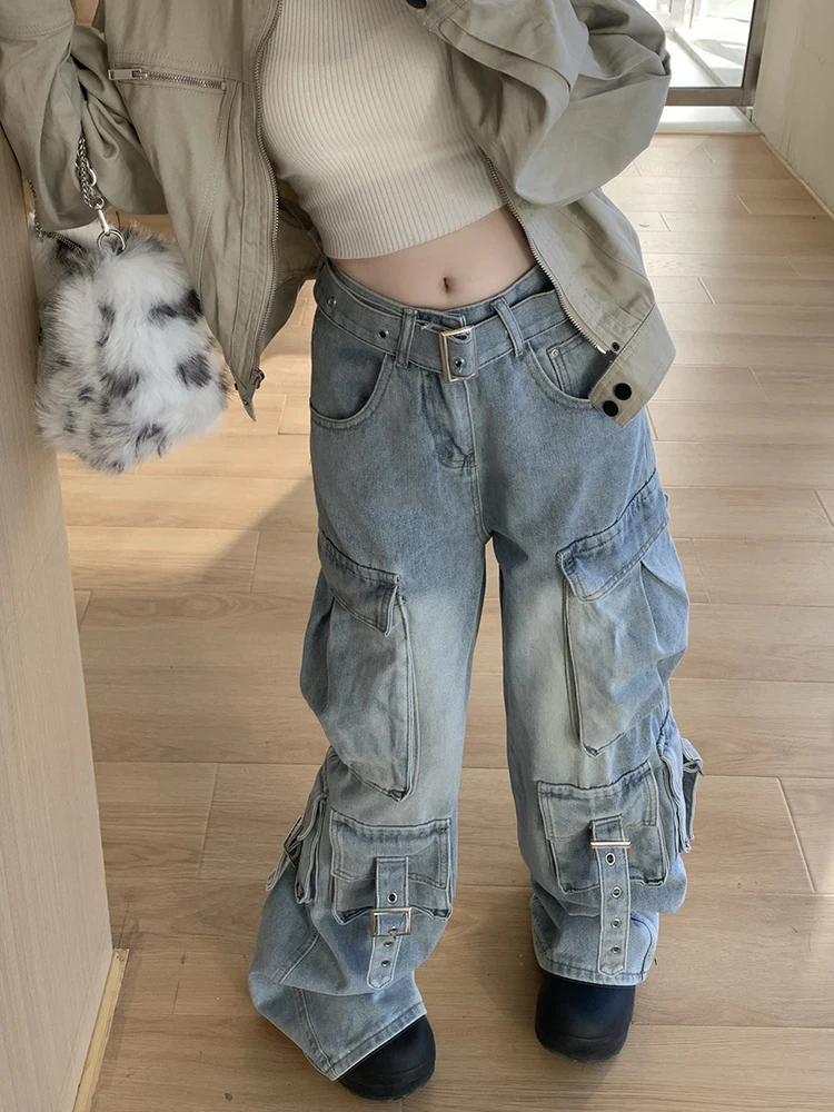 SHENGPALAE Streetwear Mode Denim Broek Voor Vrouwen Gesplitste Zakken Hoge Taille Jeans Wijde Pijpen Broek Nieuwe 2023 Lente 5G252