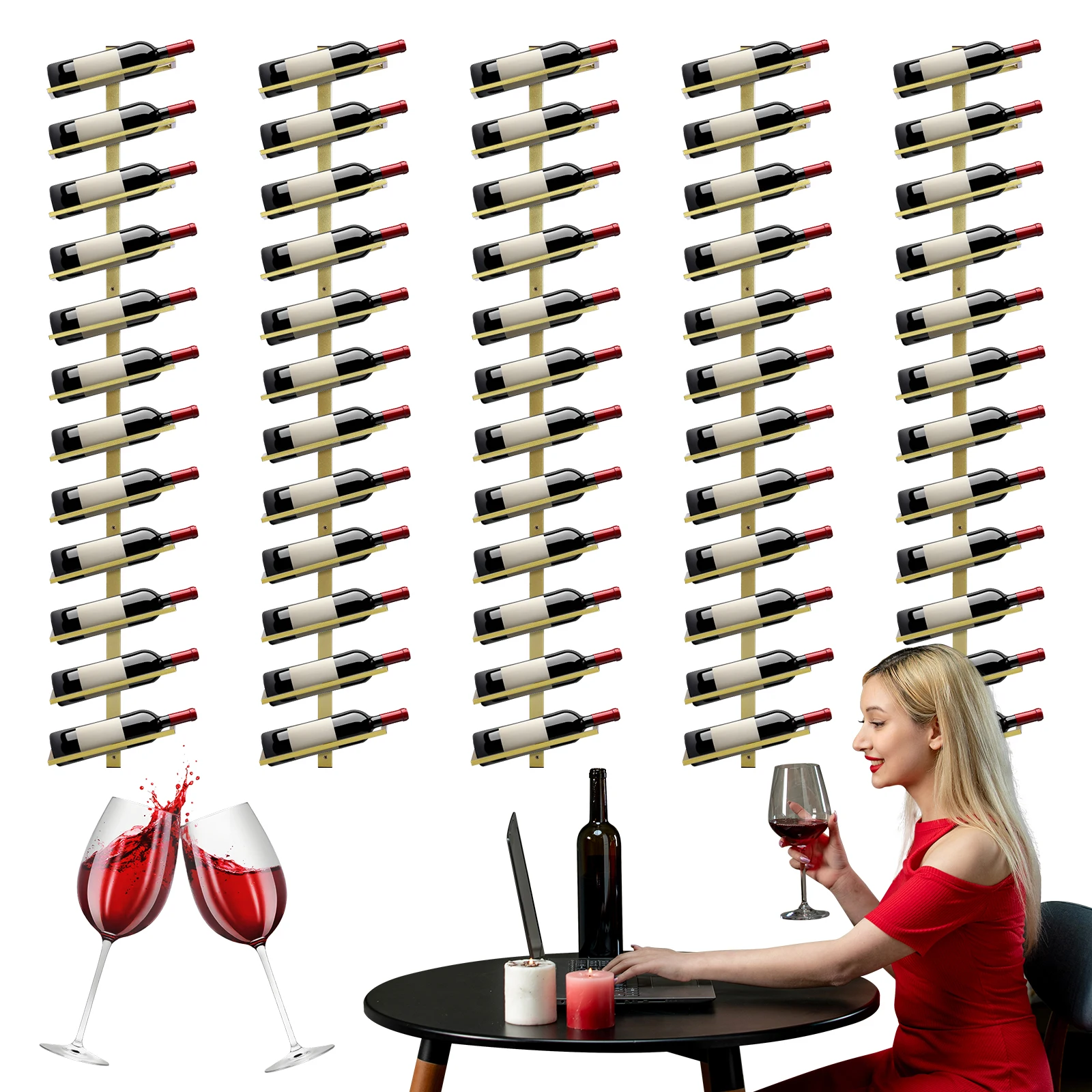 5 Pack Wall Mounted Wine Rack for 60 Wine Bottles Metal Storage Rack Wine Storage Organizer for Bar Kitchen Cellar Restaurant