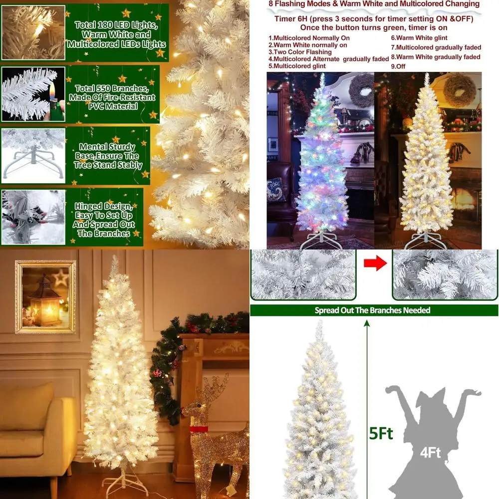 

Искусственная рождественская елка белого тонкого карандаша с предварительной подсветкой, 5 футов, 180 светодиодами, 8 режимами, таймером, металлической подставкой - в помещении и на открытом воздухе