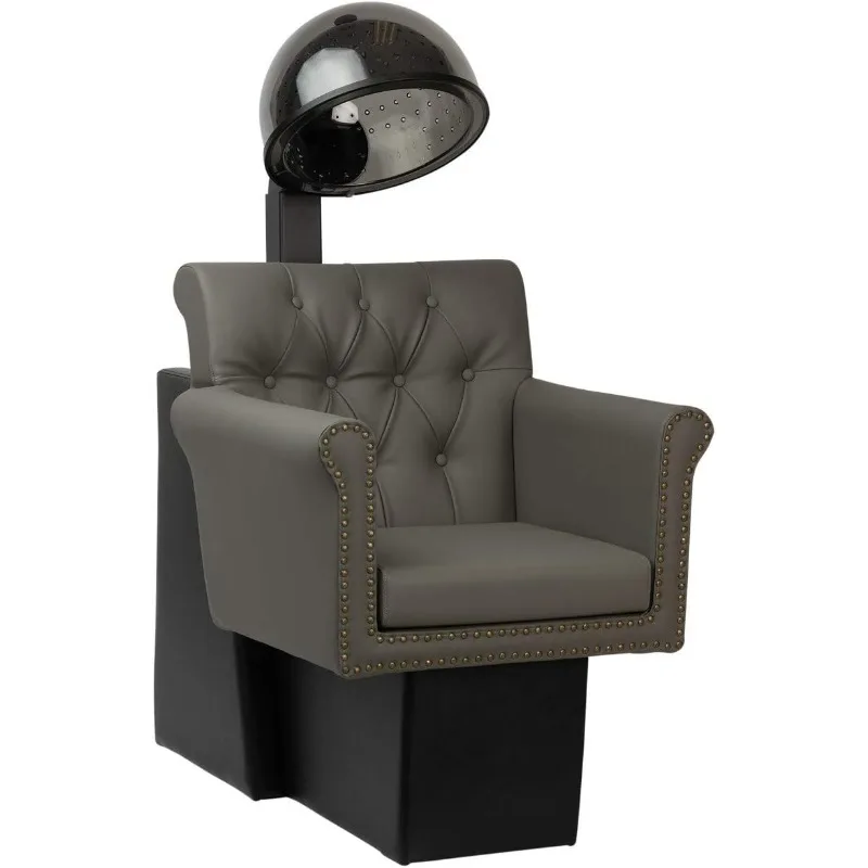 Professional Hair Dryer Chair Combo, Commercial Salon Dryer with 980 Watt Hood, Extra Wide Tufted Chair, Brass Nailhead Trim