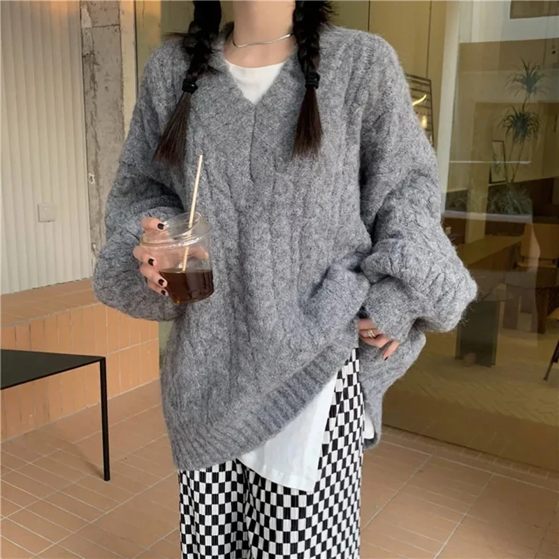 Autumn Winter Harajuku Women Sweater Cute Oversized Knitted Pullover Korean Long Sleeve V Neck Sweater Preppy Solid Loose Jumper