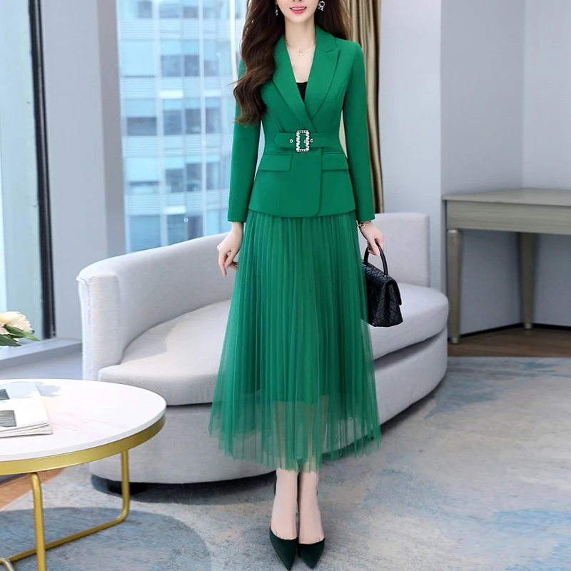 High Quality Spring Autumn Long-Sleeved Blazer Coats Mesh Pleated Mid Skirt Slim Commuter Casual Woman Skirt Suit 2 Pieces Sets