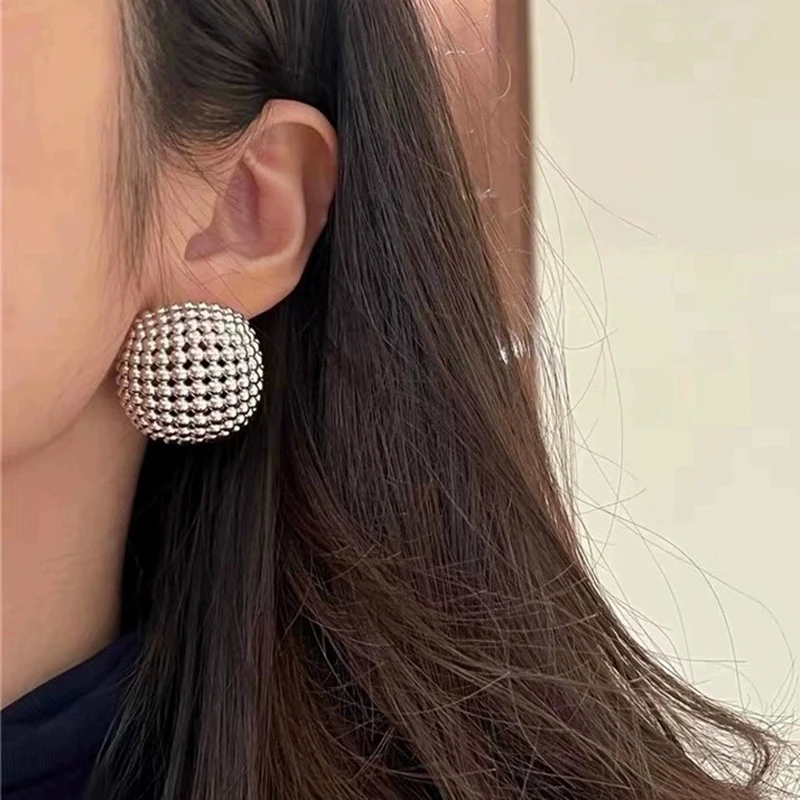 Greatera Gold Silver Color Metal Beaded Mesh Stud Earrings for Women Fashion Geometric Hollow Square Earrings Party Jewelry