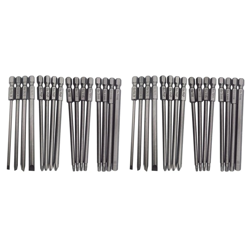 32Pcs Long Magnetic Screwdriver Bits Set Slotted+Cross+Hex+Torx Drill Bit Set 1/4 Inch Hex Shank 100Mm Length