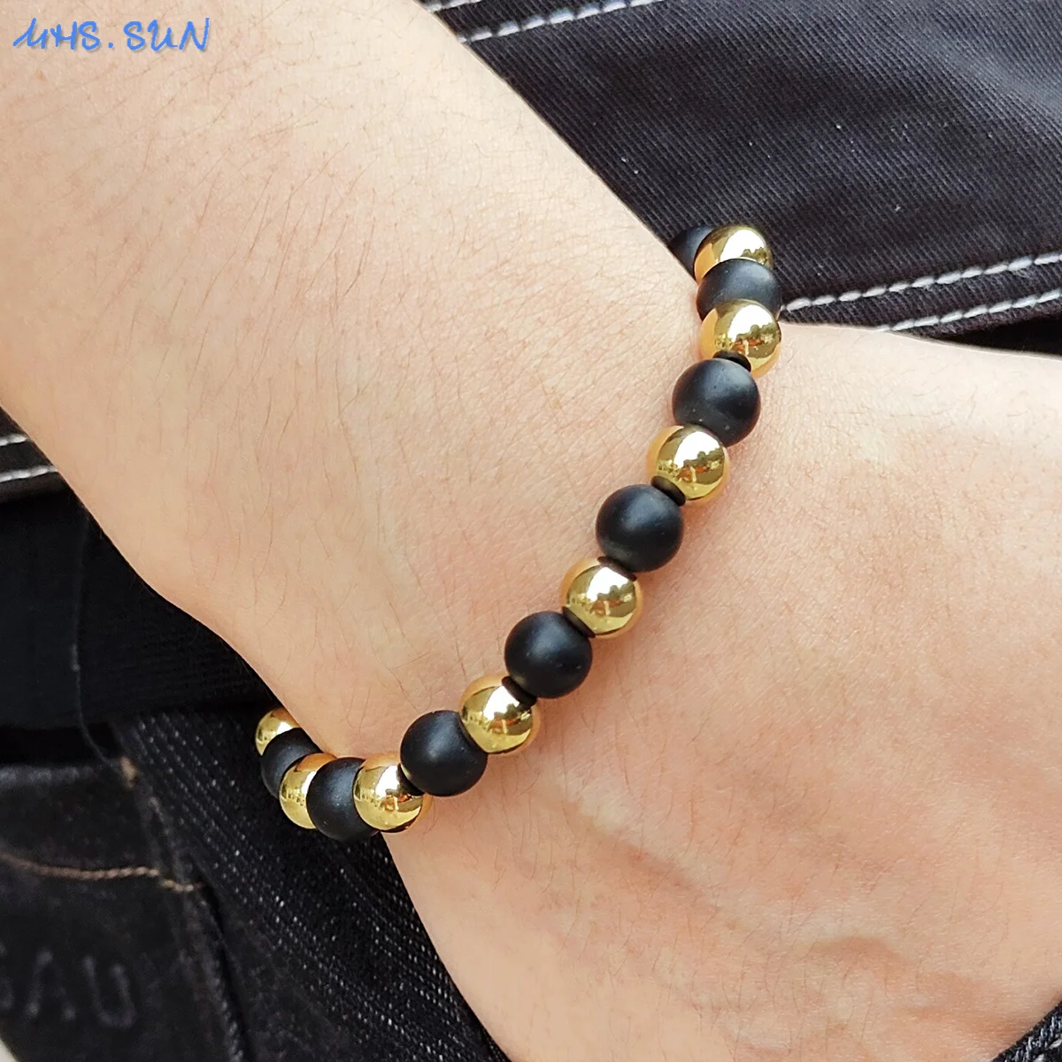 MHS.SUN Handmade Stainless Steel 6MM Gold Black Color Beads Bracelet Natural Tiger Eye Stone Adjustable Men Daily Jewelry