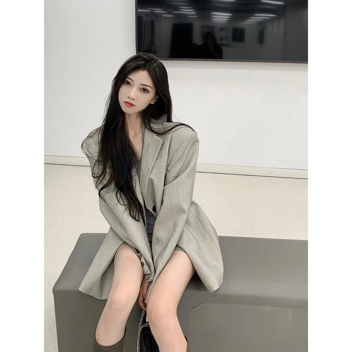 

Retro Sle Loose Women's Suit Jaet oulder Pads Classic Commute Sle Long Sve Ultra ort Length Comfort Fit