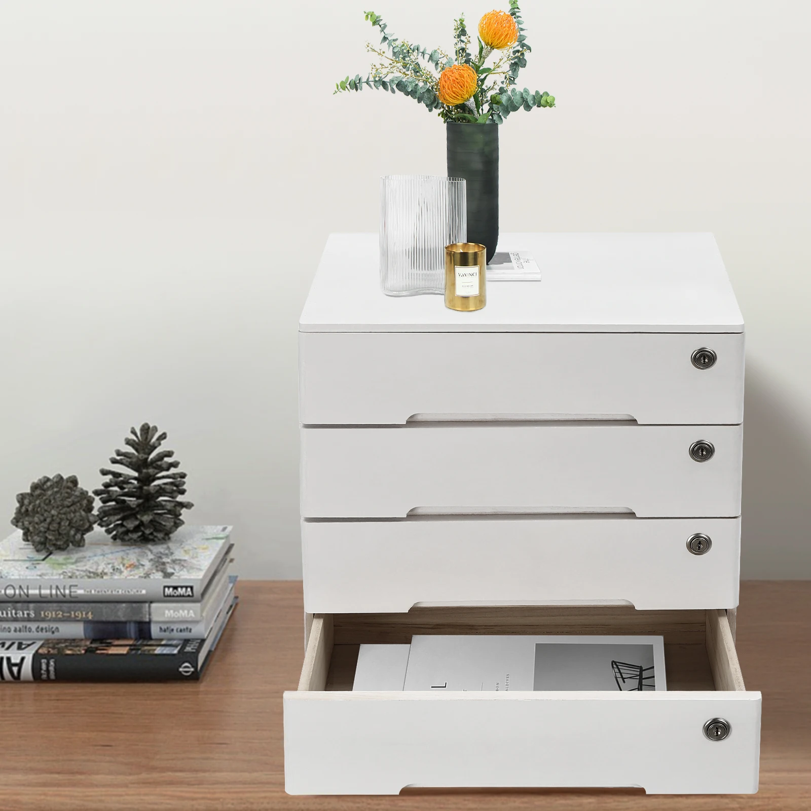 

White Wood 15.75x11x15.94-inch Four-story Locked Storage Cabinet Drawer Desktop Locker Multi-layer File Storage Box