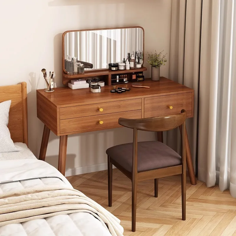 

Modern Retro Dressers for Bedroom Walnut Color Dressing Tables with LED Mirror Chair Makeup Dresser Vanity Bedroom Furniture