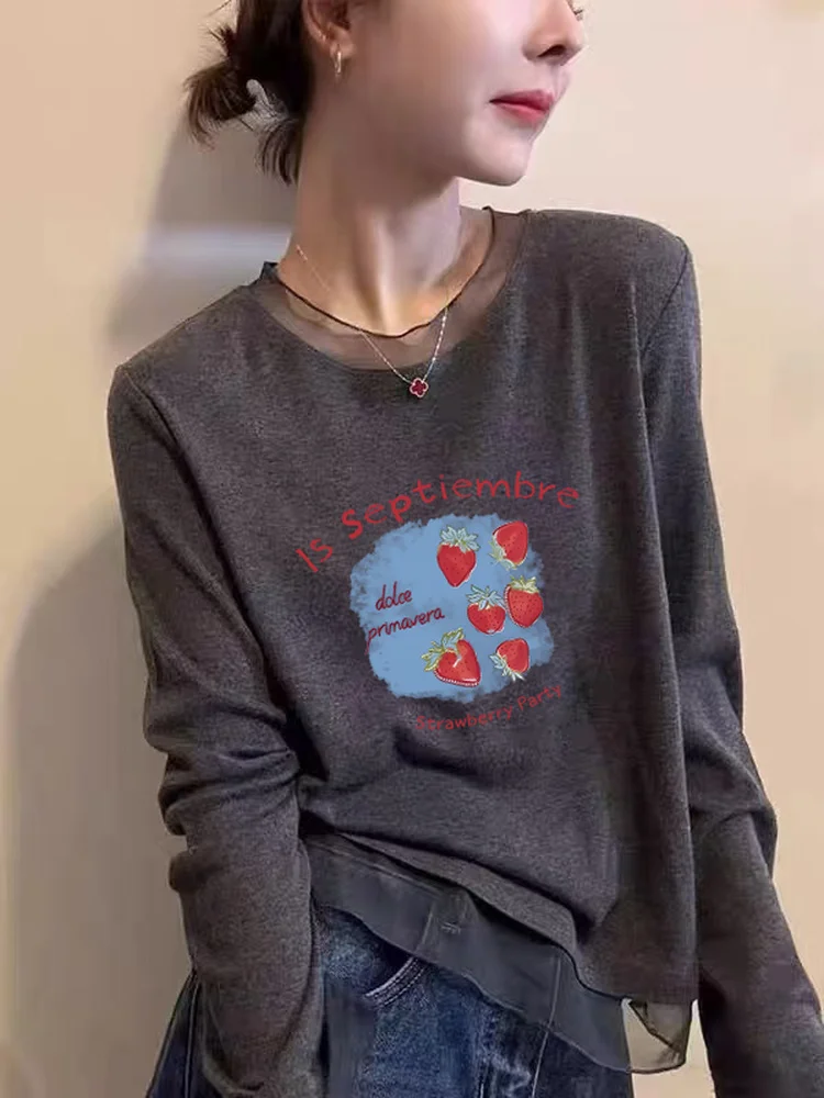 Korean Style Long Sleeve T-Shirt Women's Mesh Lace under Shirt Fashionable Versatile Slimming Top Commute Style Winter Season