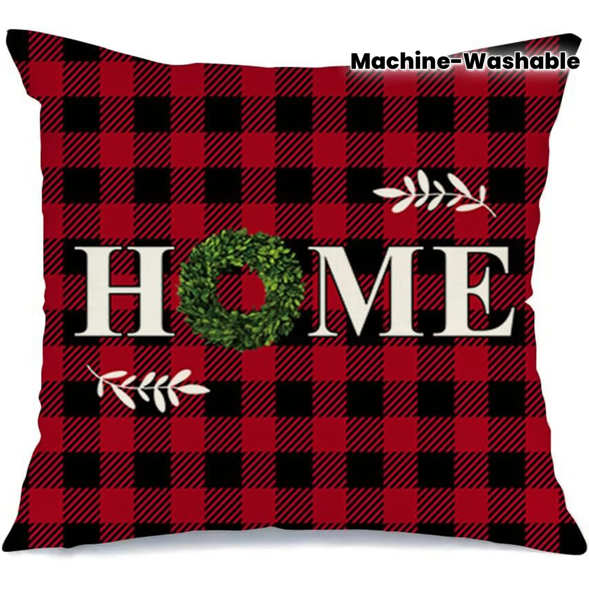Contemporary Linen Throw Pillow Cover - Buffalo Plaid With Christmas Garland Home Design Holiday Festive Cushion Case For Decor