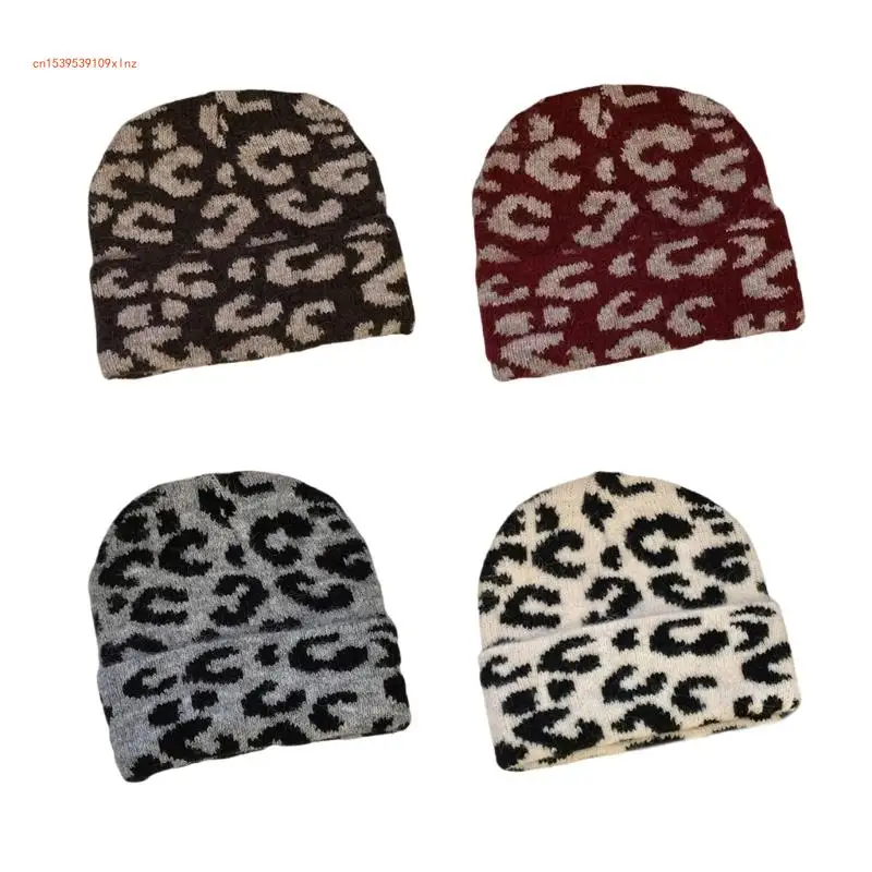 

Elastic Acrylic Knitted Hat Daily Commute Hat Trendy Women's Leopards Hat for Winter Sports and Casual Outings