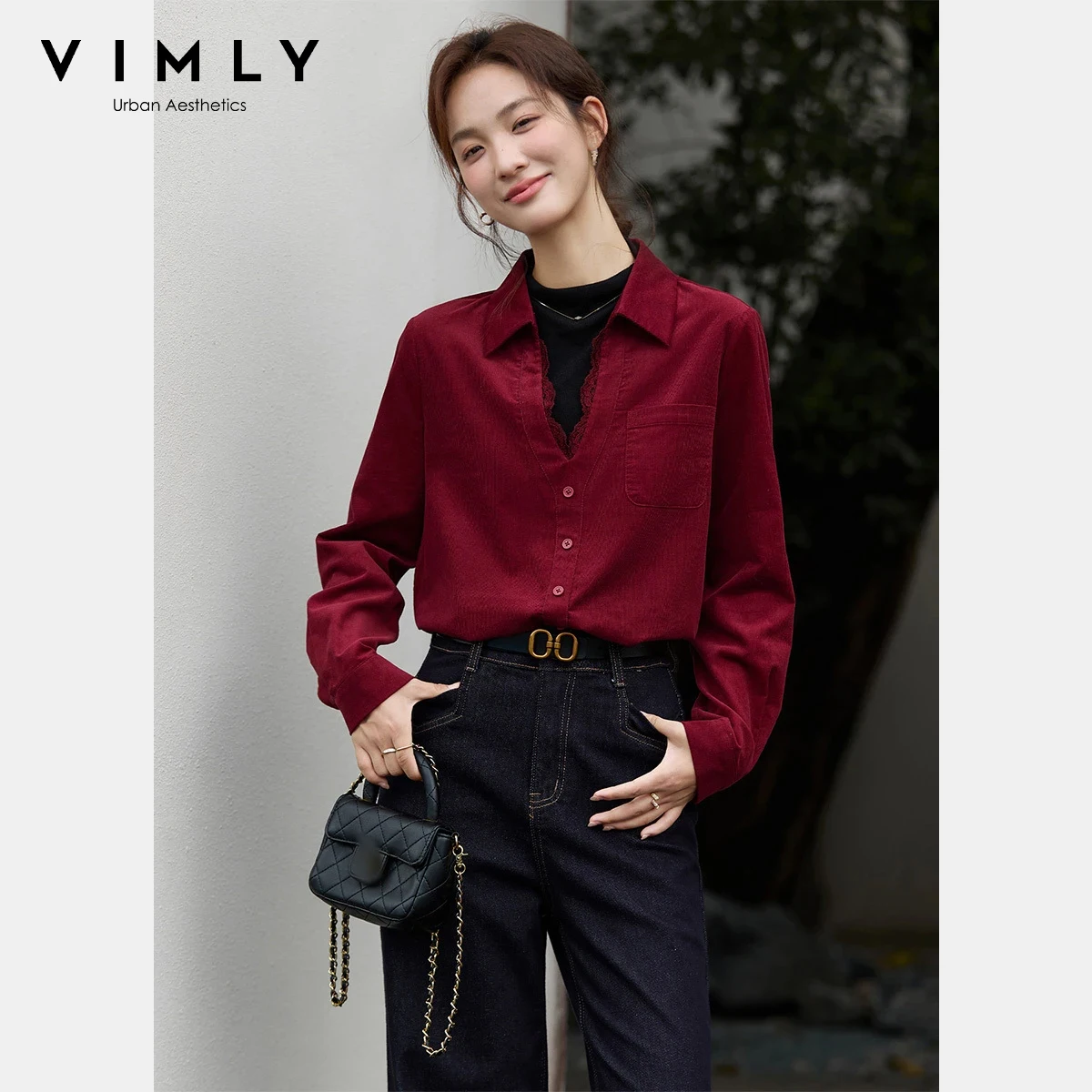 

VIMLY Women's Pure Cotton Shirts French Patchwork 2 in 1 Blouse Winter 2025 Casual Spliced Lace Half High Collar Lady Tops A3251