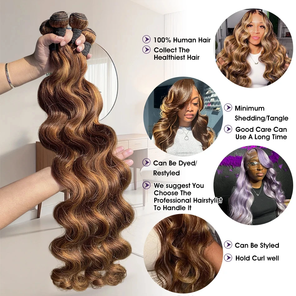 Highlight 4/27 Human Hair Bundles Brazilian Extensions Body Wave Honey ombre Blonde Human Hair Weave 1 3 4 Bundles For Women