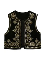 Chaleco bordado con estampado Floral Vintage negro para mujer, sin mangas, frente abierto, chaleco corto versátil, prendas de vestir exteriores y2k, cárdigan bohemio corto