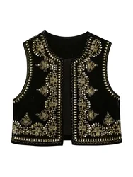 Women Black Vintage Floral Pattern Embroidered Vest Sleeveless Open Front Versatile Short Gilet Outerwear y2k Boho Cardigan Crop