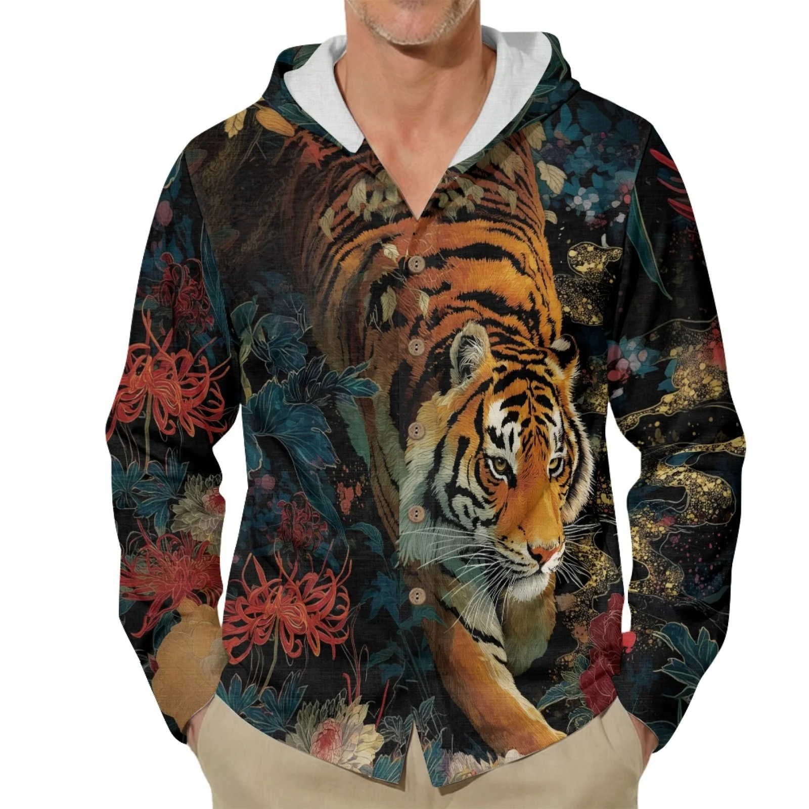 PENSTROLL Tiger Floral Print Linen Like Fashion Tops Button Front Summer Beach Tops for Spring Size S-3XL