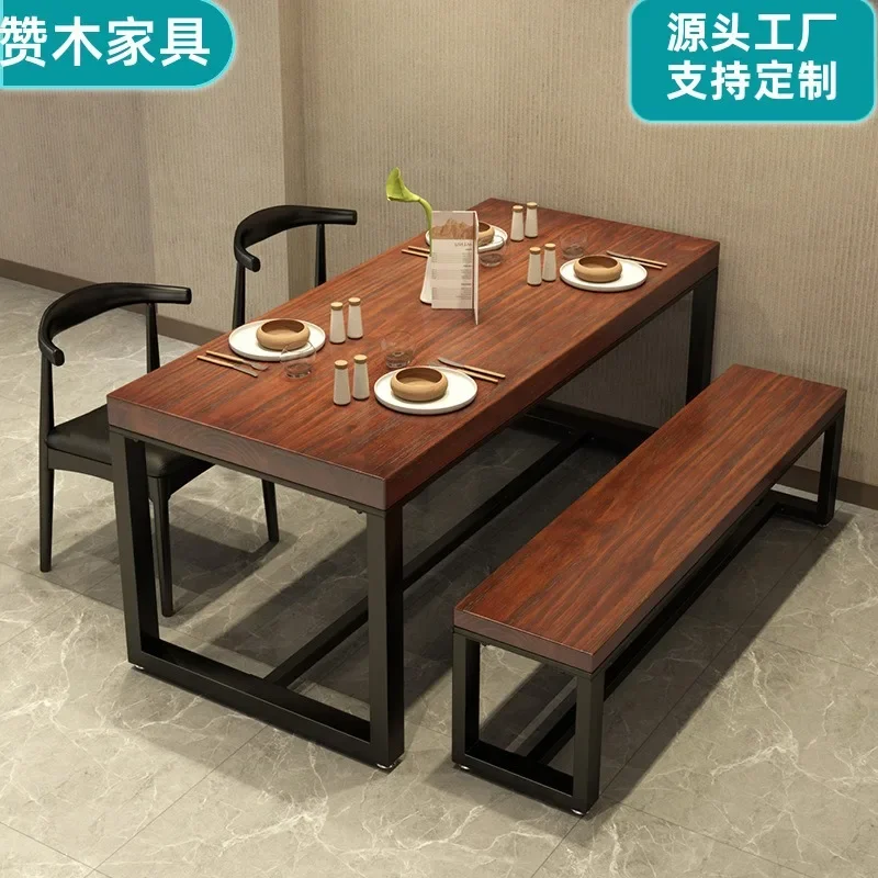 

American Rural Solid Wood Dining Table And Chair Combination Commercial Restaurant Barbecue Snack Bar Home Eating Long Table