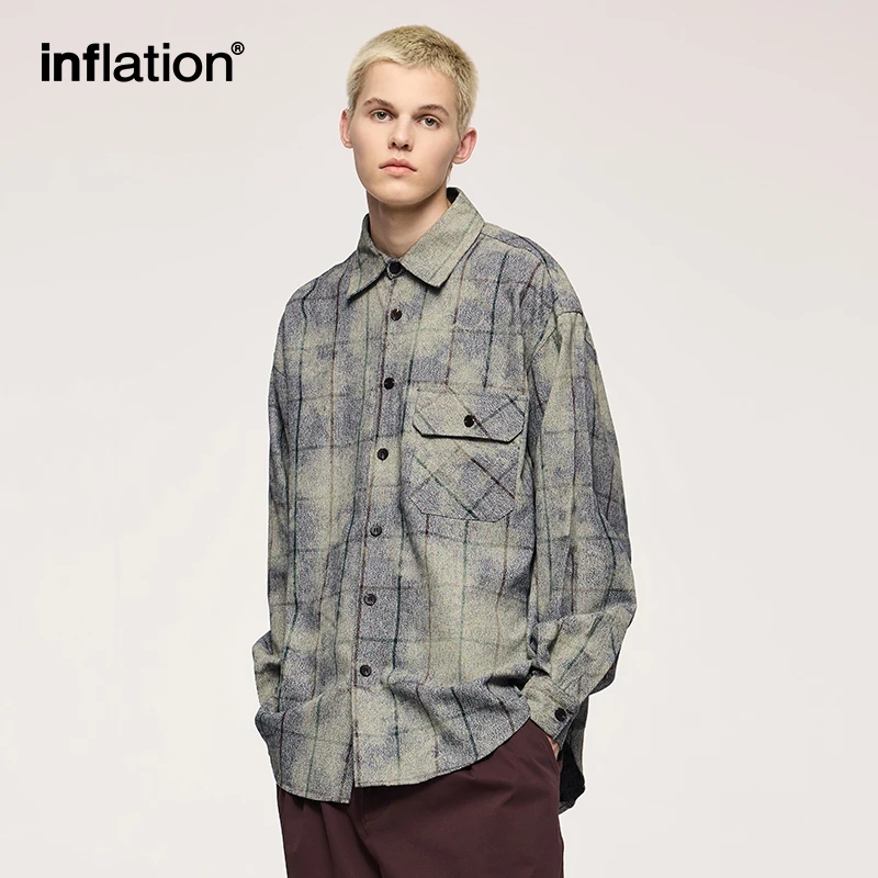 

INFLATION Men Plaid Shirt Retro Streetwear Trendy Casual Oversized Long-Sleeved Shirt Jacket