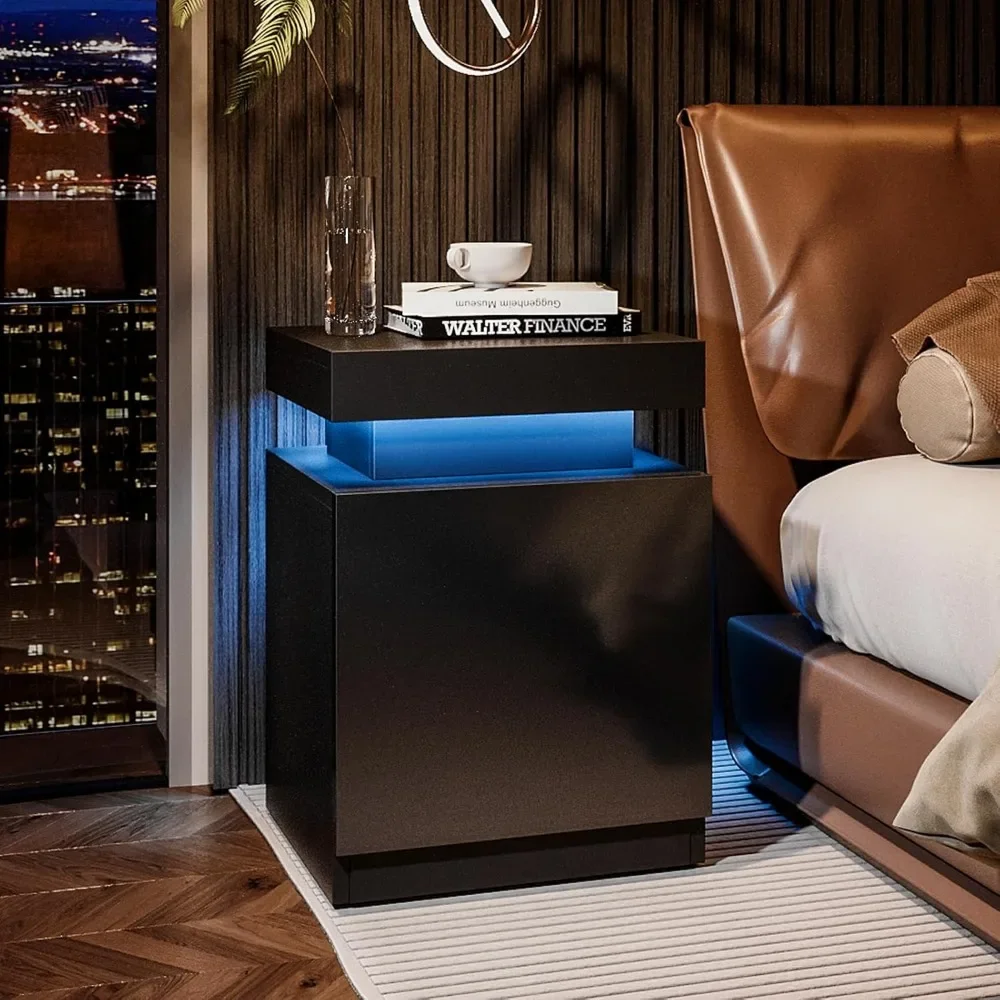 Nightstand Set of 2, LED Nightstand with One Cabinet, Bedside Table with LED Lights, Modern End Side Table for Bedroom