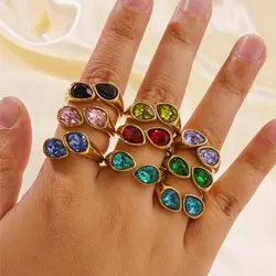 New Light Luxury Stainless Steel Open Ring with Colorful Double Stone Pear Cut Shaped Chunky Jewelry Minimalist Waterproof Gift