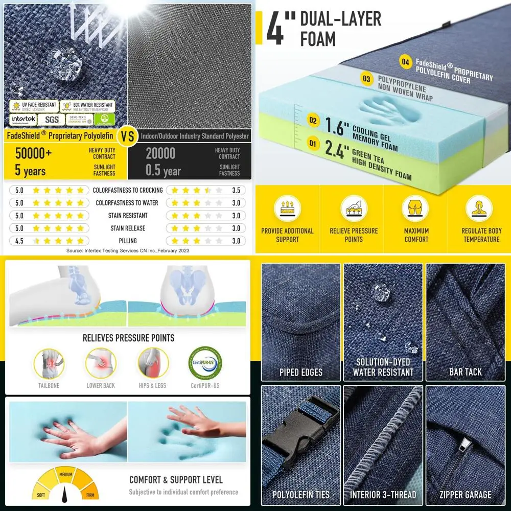 

Подушка для скамейки из пены с эффектом памяти и завязками, устойчивая к атмосферным воздействиям подушка для сиденья на открытом воздухе/в помещении, 42x16x4, Хизер Индиго