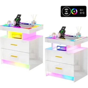 Image LED Nightstand Set of 2, Modern Bedside Table, Wireless Charging Station, USB Ports, High Gloss Smart Night Stand, RGB