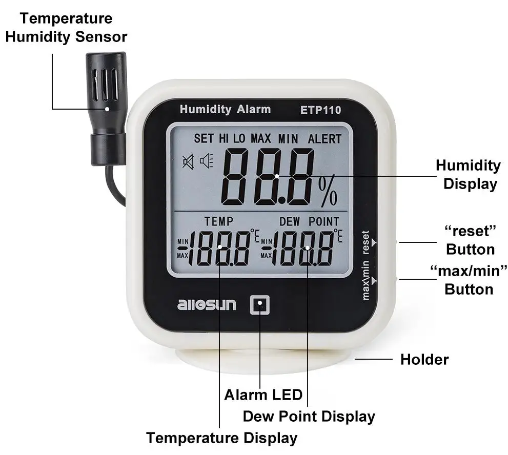 all-sun ETP110 Digital Thermo-hygrometer Dew-point Meter with Humidity Alarm Function High-precision thermometer Moisture meter