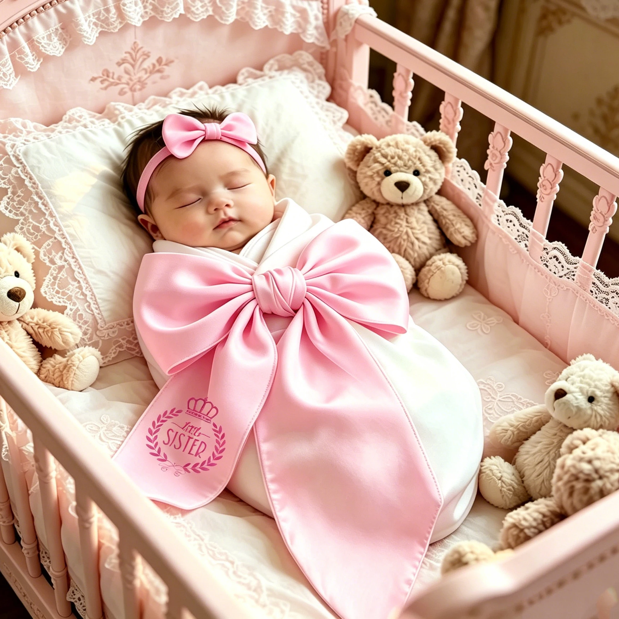 Ylsteed Newborn Swaddle Blanket Set with Bow Headband, Satin Bow Embroidered Baby Wrap for Photography Coming Home Outfit-HD
