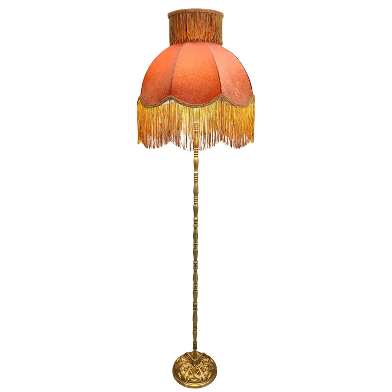 French pastoral all-copper floor lamp, living room bedroom flirting atmosphere  caramel pink fringed cover