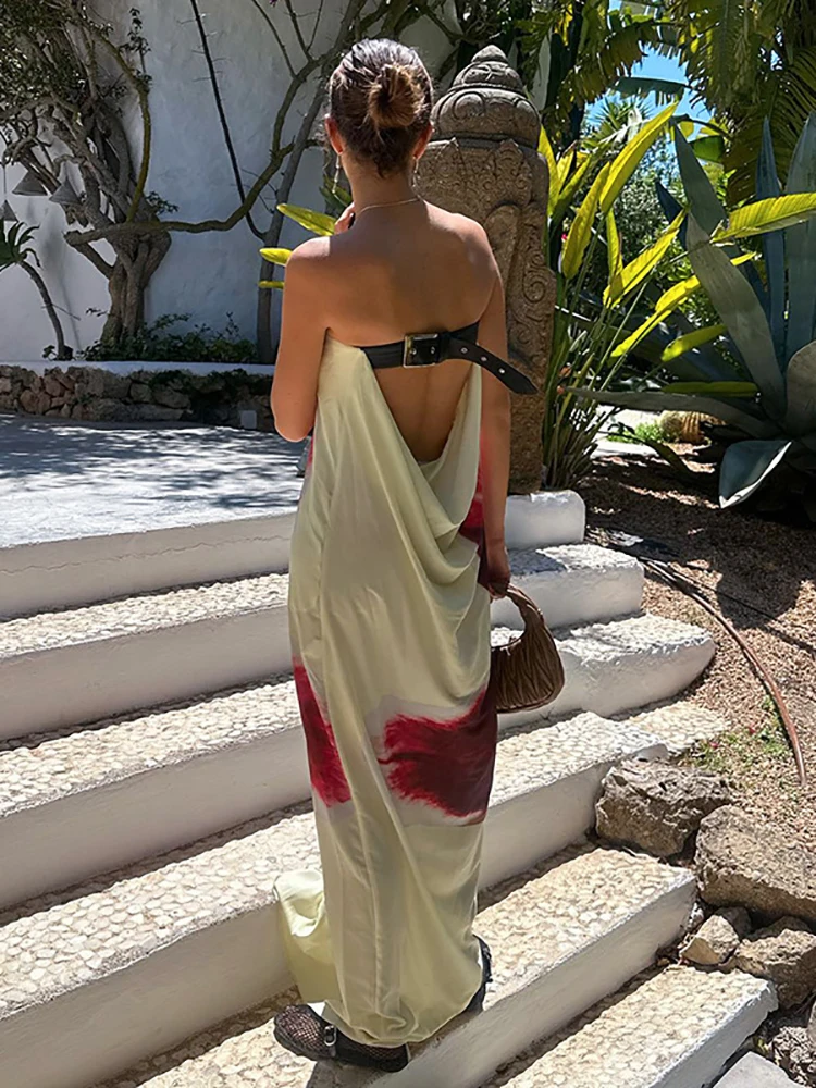 Sansheng newSexy Trägerlosen Druck Blumen Gürtel Frauen Maxi Kleid Gelb Backless Urlaub Kleid Sommer Lose Elegante Party Beachwear