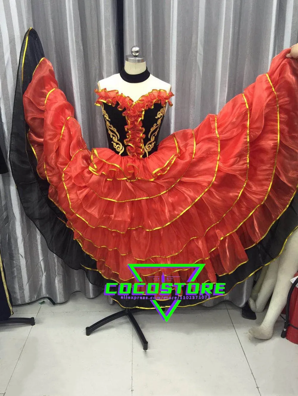 Cigano feminino espanhol flamenco saia dança do ventre espanhol palco desempenho dança terno trajes de dança do ventre vestido Saia grande Saia de Dança Espanhola  Saias de desempenho