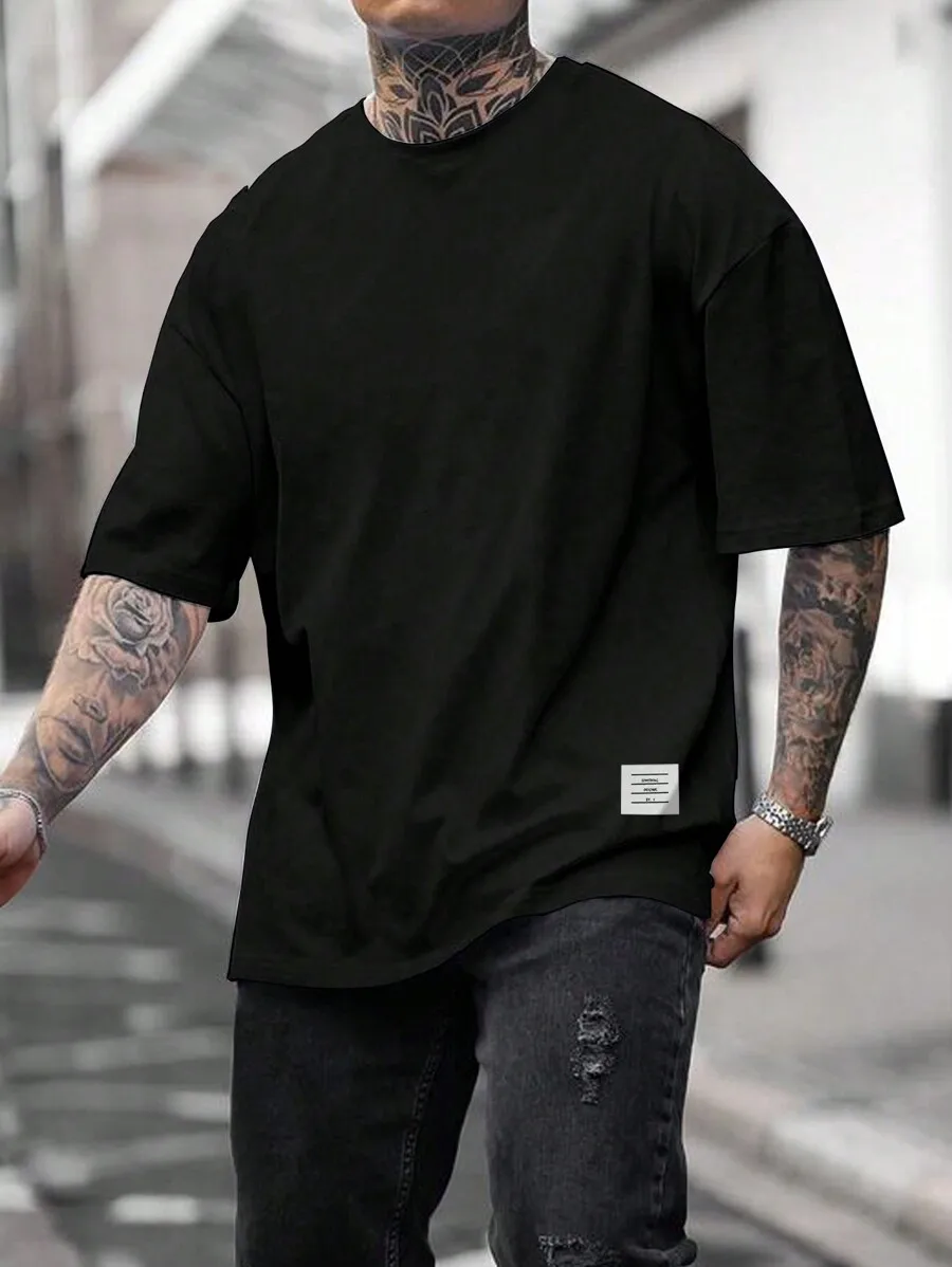 

Мужская футболка оверсайз с коротким рукавом и спущенным плечом, однотонная черная, для повседневной летней носки