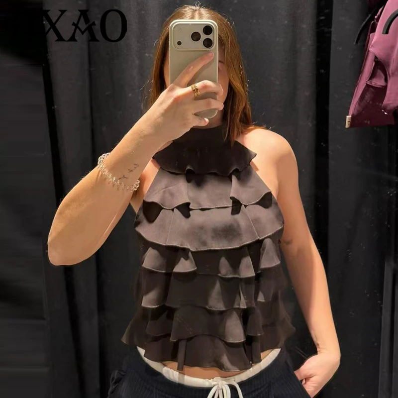HXAO Layered Halter Top Women Summer 2026 Sexy Crop Brown Top Ruffled Sleeveless Backless Bandage Tank Top Chic Streetwear Vests