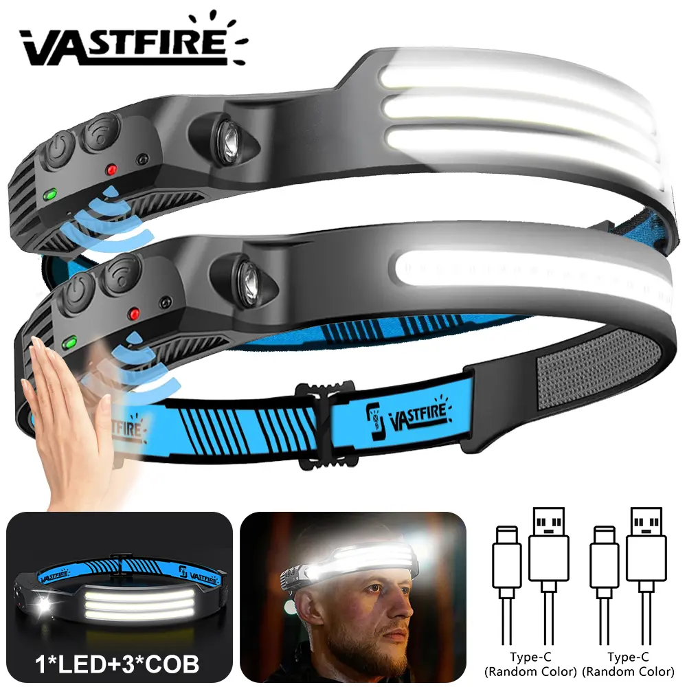 Farol de indução cob + lanterna de cabeça led embutida bateria usb recarregável ao ar livre à prova dwaterproof água acampamento pesca trabalho lanterna