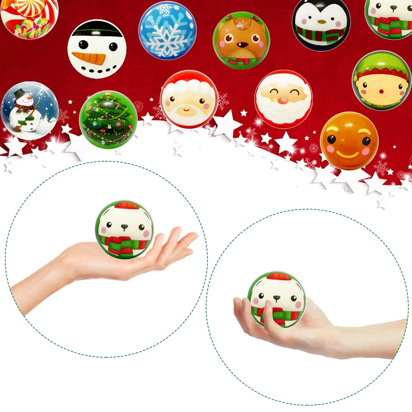 12個のクリスマスストレスボール、フォームクリスマススクイーズボール、クリスマスパーティーの記念品、靴下の詰め物ギフト用のストレス解消おもちゃ