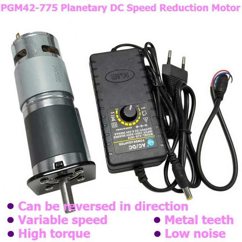 42-775 DC Speed Reduction Motor 12V 24V High Power and High Torque. Comes with Adjustable Power Supply, Bracket and Motor.