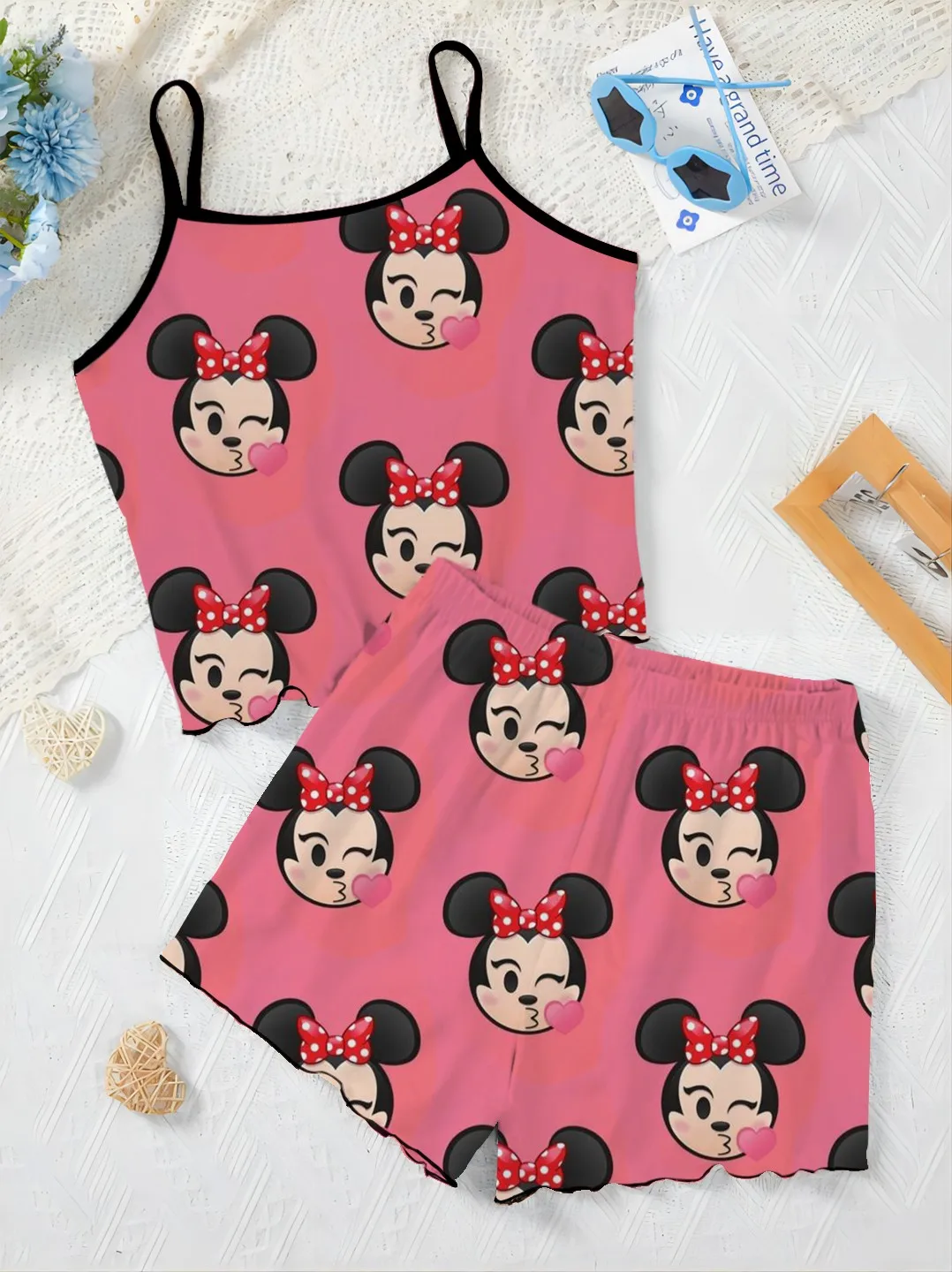 Slip Dress Short Sets for Women 2 Pieces Mickey Top Minnie Mouse Lettuce Trim Disney Pajama Skirt T-shirt Elegant Women's Suit