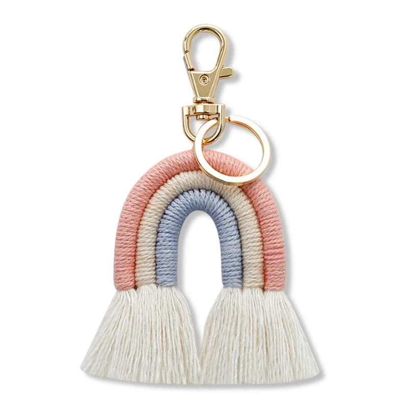 ทอผ้าสายรุ้งพวงกุญแจผู้หญิง Boho Handmade Key พวงกุญแจ Macrame กระเป๋า Charm รถแขวนเครื่องประดับของขวัญ