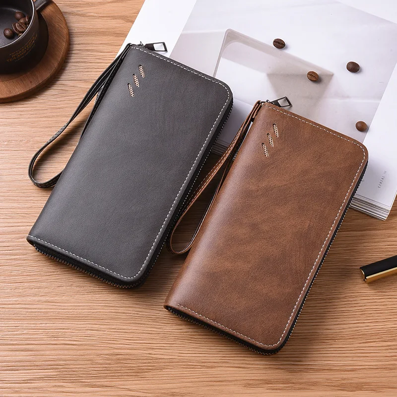 新しいトレンドのジッパー付き長財布、高級メンズビジネスマネーバッグ、大容量レトロPUレザーカードバッグ、マルチカードコインパース