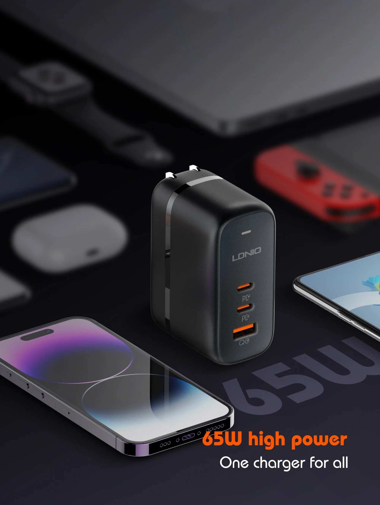 LDNIO GaN 65 W USB C Ladegerät Reiseladegerät PD QC Wandladegerät 3 Port Internationaler Steckeradapter EU UK US AU Reisesteckeradapter – Detail 2