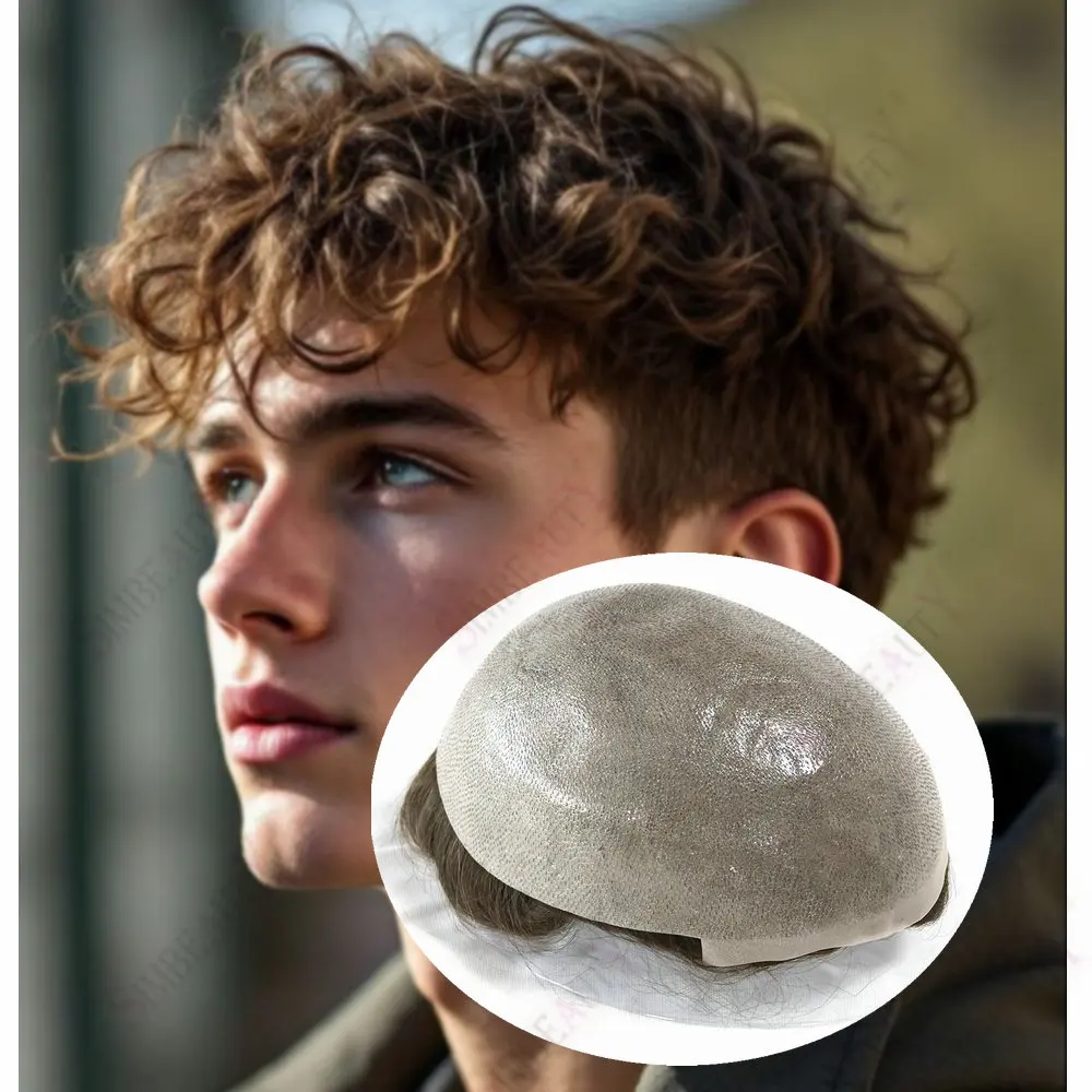 

25 мм вьющиеся 0,06 мм мужской парик из натуральных волос, прочная тонкая кожа, 100% человеческие волосы, система замены парика, коричневый, блонд, протез