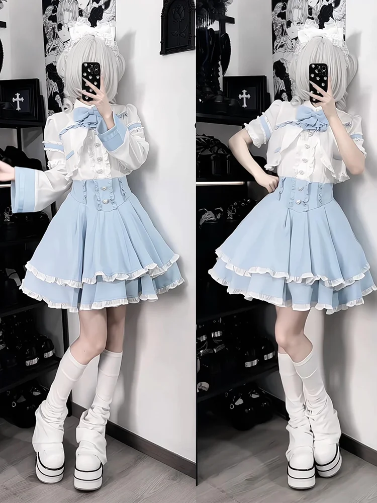 Sweet Coquette Japanese Lolita Dress Set Women Blue White Bow Lace Ruffle Puff Sleeve Mini Skirt Slim Fit Dress Elegant Outfit