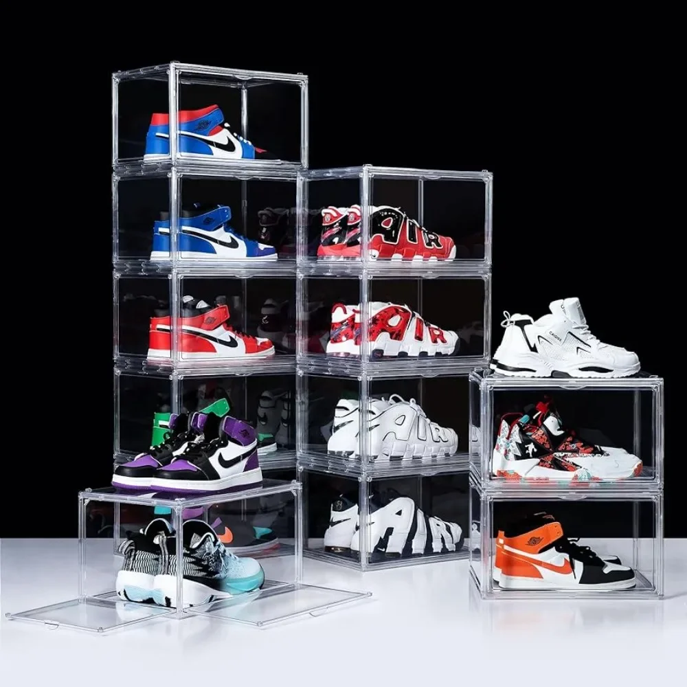 Clear Acrylic Stackable Plastic Sneaker Box Container, Magnetic Drop & Side Opening Shoebox, With Lid, Fits Size 14