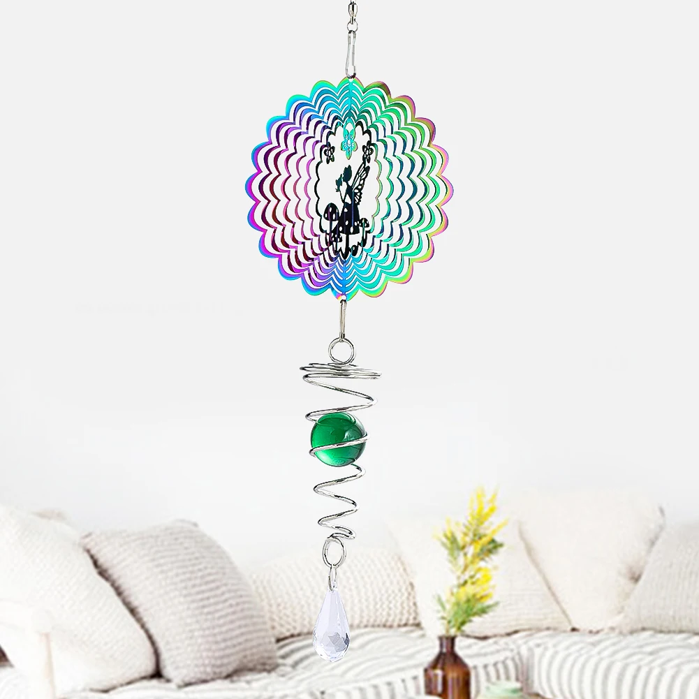 Kinetic Gradient Color Wind Spinner Sculpture 3D Wind Chimes Sun Catcher Gazing Ball Spiral Tail Stabilizer Fairy Garden Hanging