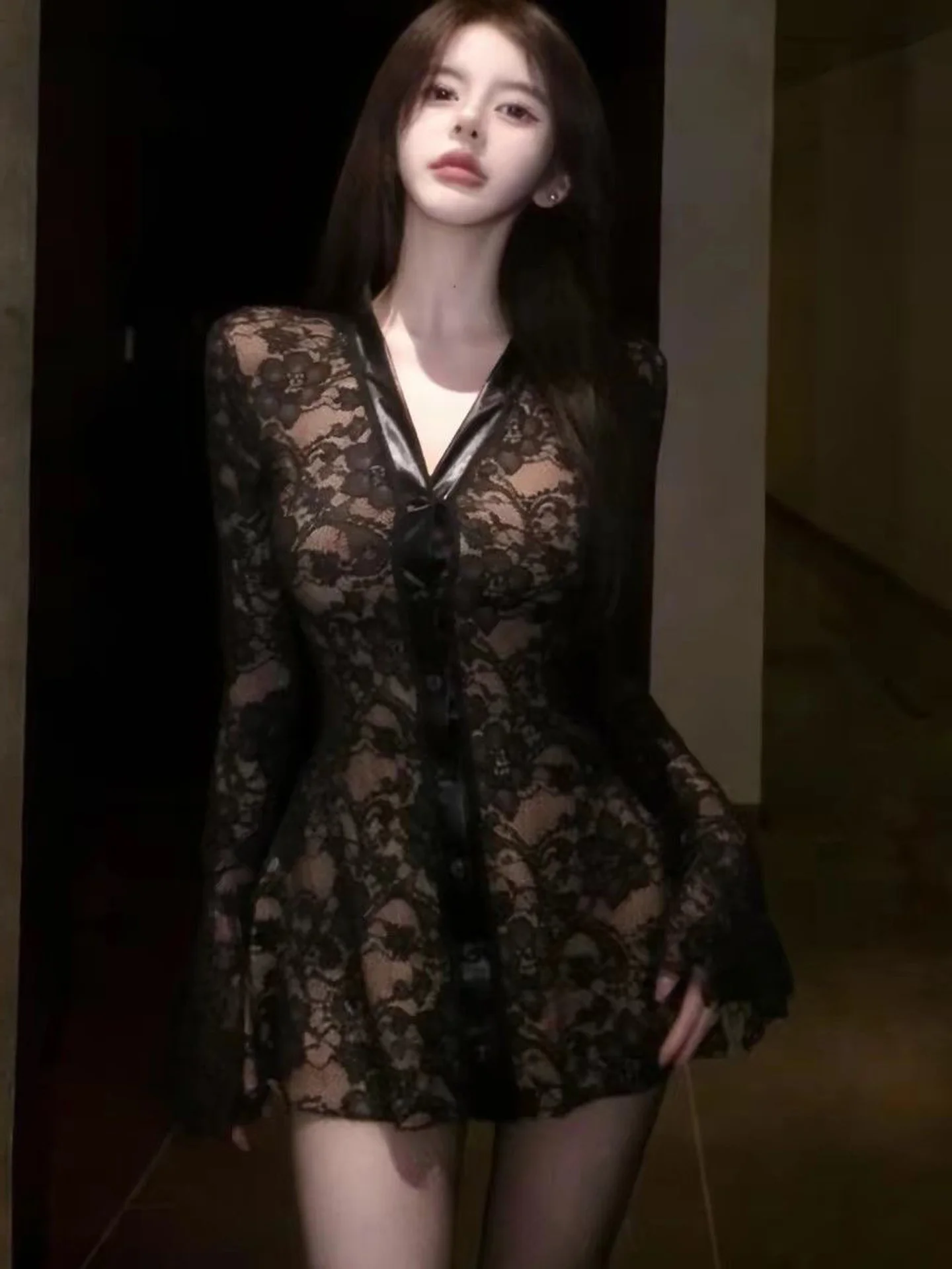 Pure Desire Style Long Sleeve V-Neck Dress Women's Autumn Winter New Black Lace Slim Fit Waist A-Line Short Skirt Dress